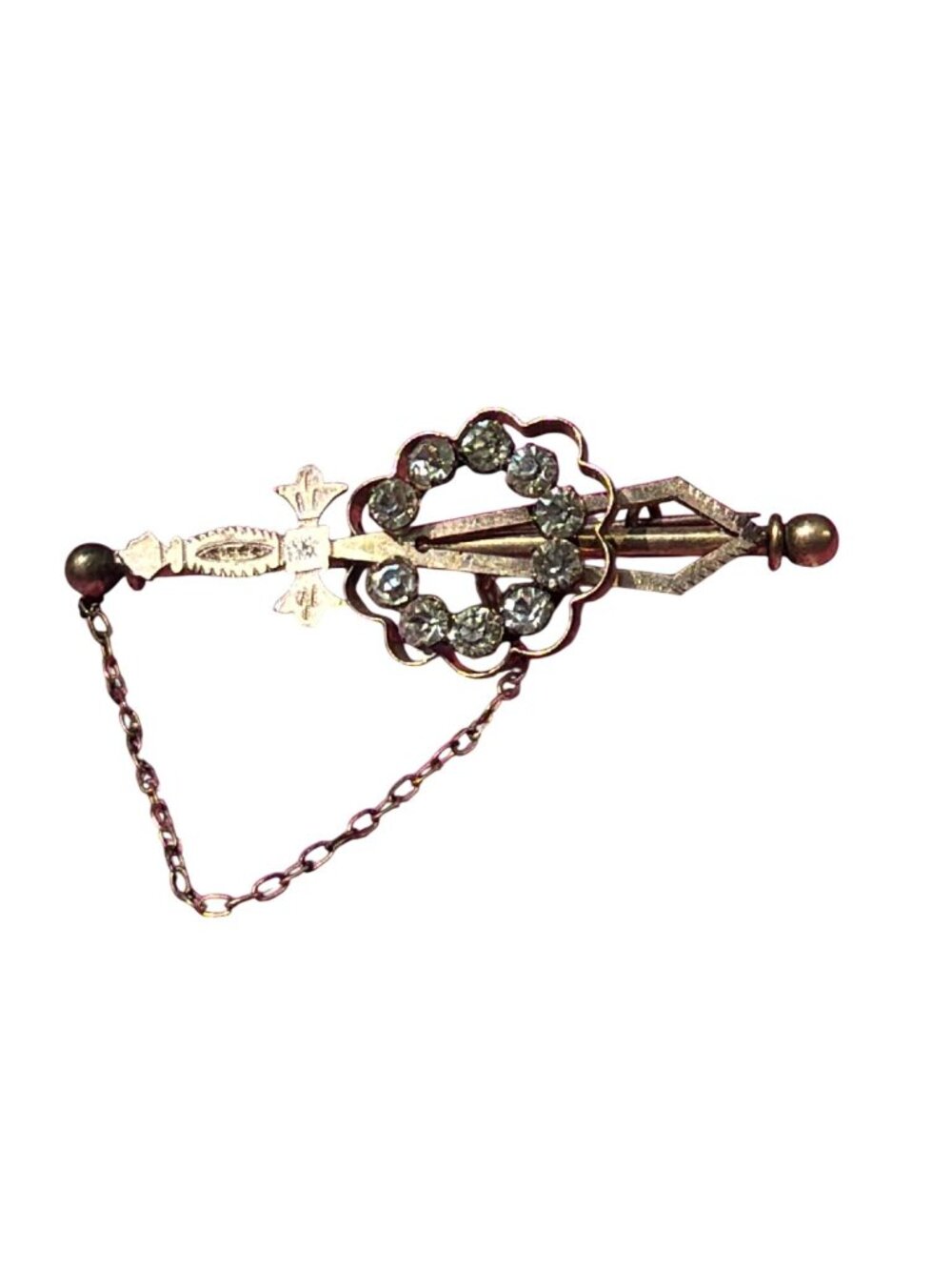 Antique Gold Filled Jabot Brooch Clear Rhinestones Sword Cravat 2.25" Estate